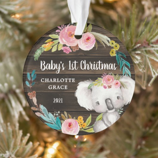 Rustic Floral Koala Baby's eerste Kerstmis Ornament (Boom)