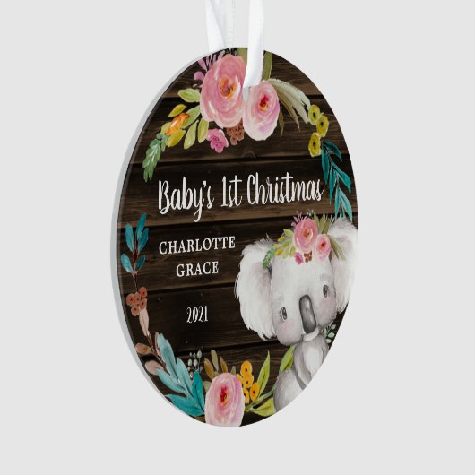Rustic Floral Koala Baby's eerste Kerstmis Ornament (voorkant)