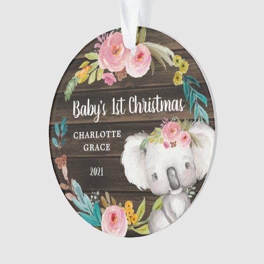 Rustic Floral Koala Baby's eerste Kerstmis Ornament (voorkant)
