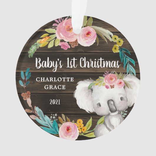 Rustic Floral Koala Baby's eerste Kerstmis Ornament (voorkant)