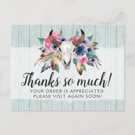 Rustic Floral Koe Skull Boho Chic Hartelijk dank Briefkaart (Voorkant)