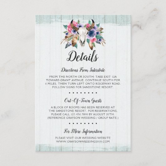 Rustic Floral Koe Skull Boho Details / Routebeschr Informatiekaartje (Voorkant)