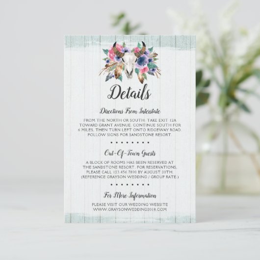 Rustic Floral Koe Skull Boho Details / Routebeschr Informatiekaartje (Staand voorkant)