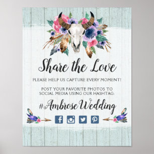 Rustic Floral Koe Skull Boho Wedding Hashtag Foto Poster