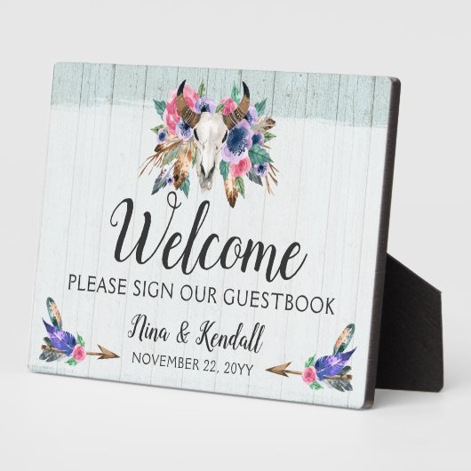Rustic Floral Koe Skull Boho Wedding Welcome Sign Fotoplaat (Zijkant)