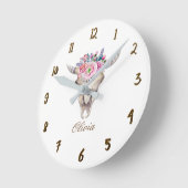 Rustic Floral Koe Skull Horns Girly Ronde Klok (Hoek)