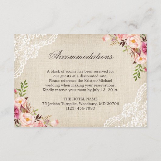 Rustic Floral Lace Burlap Reception Accommodatie Informatiekaartje (Achterkant)