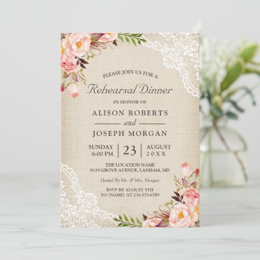 Rustic Floral Lace Burlap Wedding Rehearsal Dinner Kaart (Staand voorkant)
