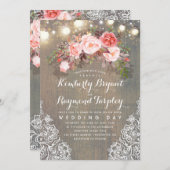 Rustic Floral Lace String Lights en Wood Wedding Kaart (Voorkant / Achterkant)