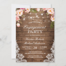 Rustic Floral Lace String Lights Engagement Party Kaart