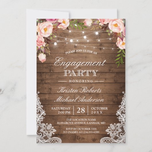 Rustic Floral Lace String Lights Engagement Party Kaart (Voorkant)
