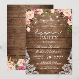Rustic Floral Lace String Lights Engagement Party Kaart