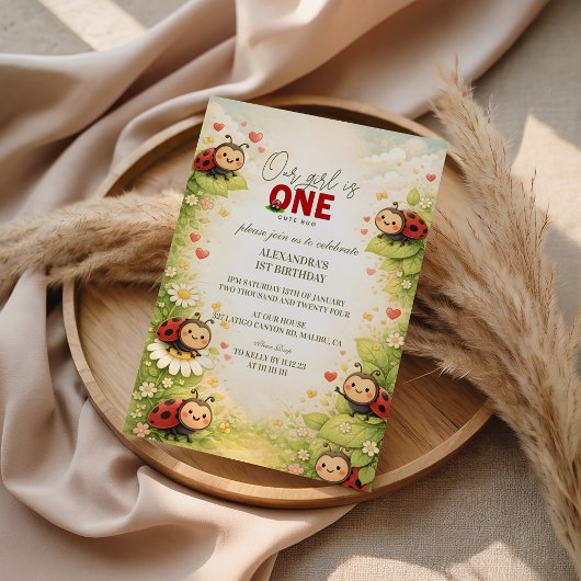 Rustic Floral Lady Bug 1st Birthday Kaart