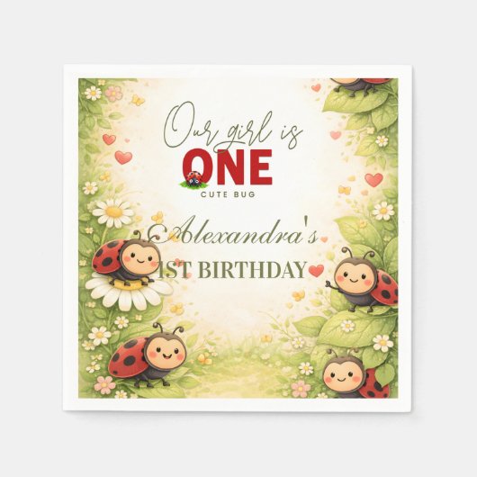 Rustic Floral Lady Bug 1st Birthday Servet (Voorkant)