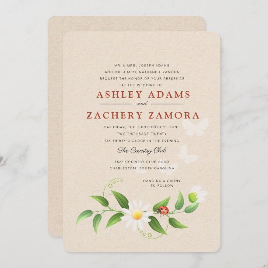 Rustic Floral Ladybug Butterfly Wedding Invitation Kaart (Voorkant / Achterkant)