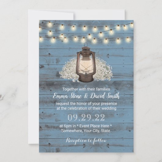 Rustic Floral Lantern Dusty Blue Barn Wood Wedding Kaart (Voorkant)