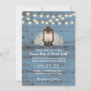 Rustic Floral Lantern Dusty Blue Barn Wood Wedding Kaart
