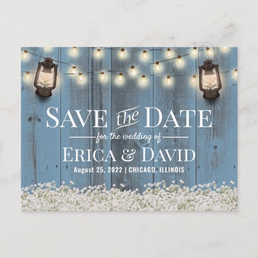 Rustic Floral Lantern Dusty Blue Save the Date Aankondigingskaart (Voorkant)