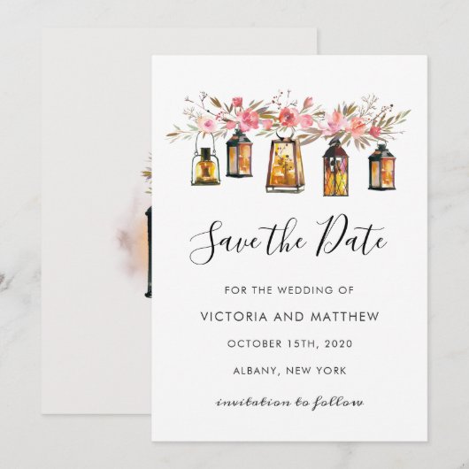 Rustic Floral Lantern Wedding Save the Date (Voorkant / Achterkant)