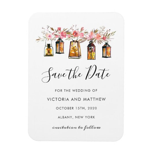 Rustic Floral Lantern Wedding Save the Date Magneet (Verticaal)