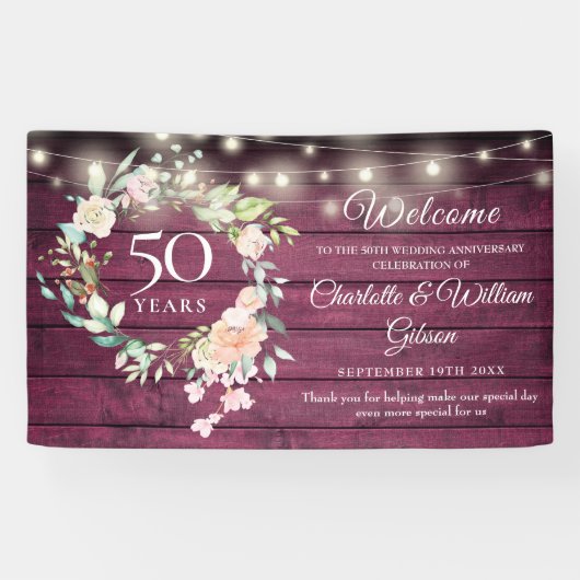 Rustic Floral Licht 50th Jubileum Welkom Spandoek (Horizontaal)