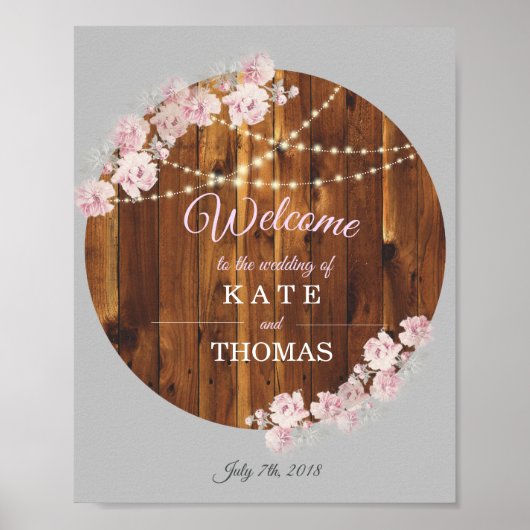 Rustic Floral Light Strings Wedding Welcome Sign Poster (Voorkant)