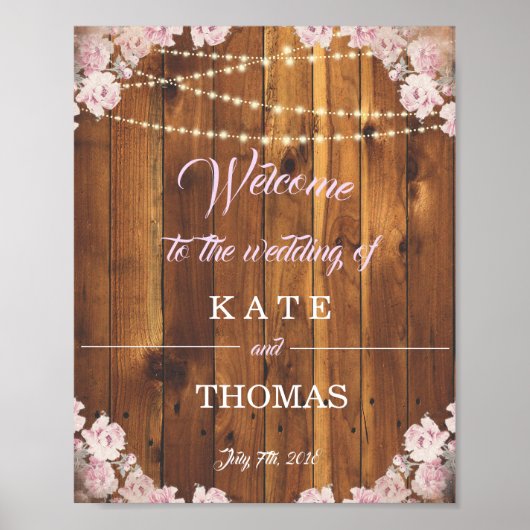 Rustic Floral Light Strings Wedding Welcome Sign Poster (Voorkant)