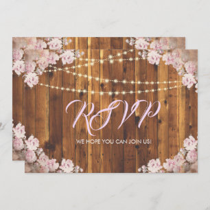 Rustic Floral Light Strings Wood RSVP Reply Kaart
