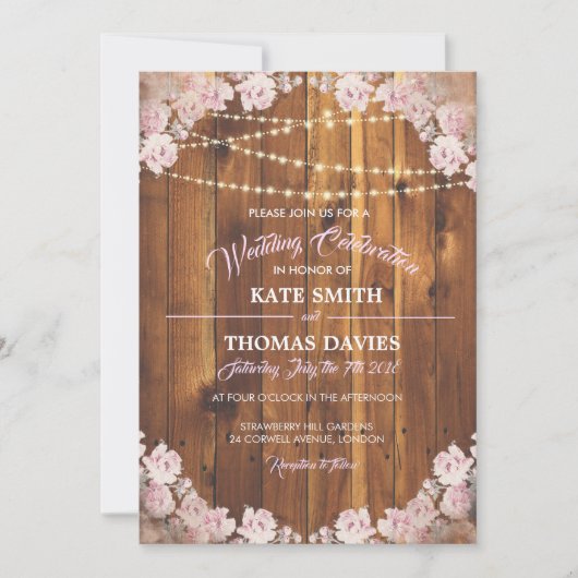 Rustic Floral Light Strings Wooden Wedding Invite Kaart (Voorkant)