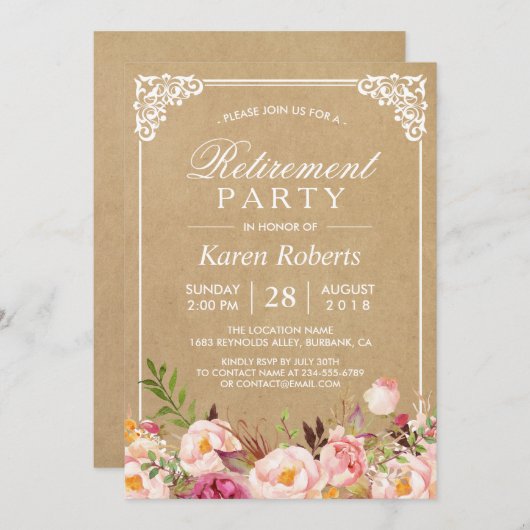 Rustic Floral Lijst Kraft | Pensioenpartij Kaart (Voorkant / Achterkant)