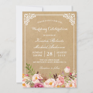 Rustic Floral Lijst Kraft   Weddengeviering Kaart