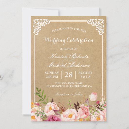 Rustic Floral Lijst Kraft | Weddengeviering Kaart (Voorkant)