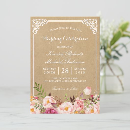 Rustic Floral Lijst Kraft | Weddengeviering Kaart (Staand voorkant)