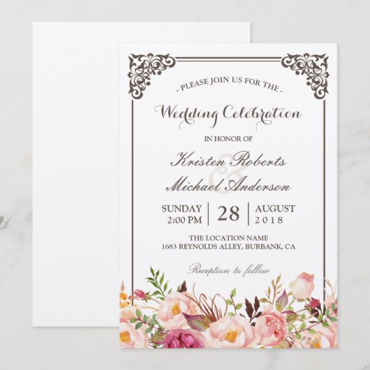 Rustic Floral Lijst Real Kraft Wedding Celebration Kaart (Voorkant / Achterkant)