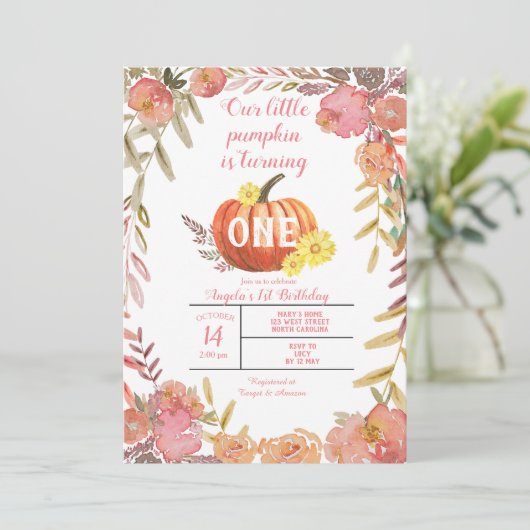 Rustic Floral Little Pumpkin Herfst 1st Birthday Kaart (Staand voorkant)