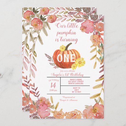 Rustic Floral Little Pumpkin Herfst 1st Birthday Kaart (Voorkant / Achterkant)