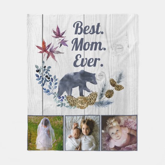 Rustic Floral Mama Beer Moederdag drie foto Fleece Deken (Voorkant)