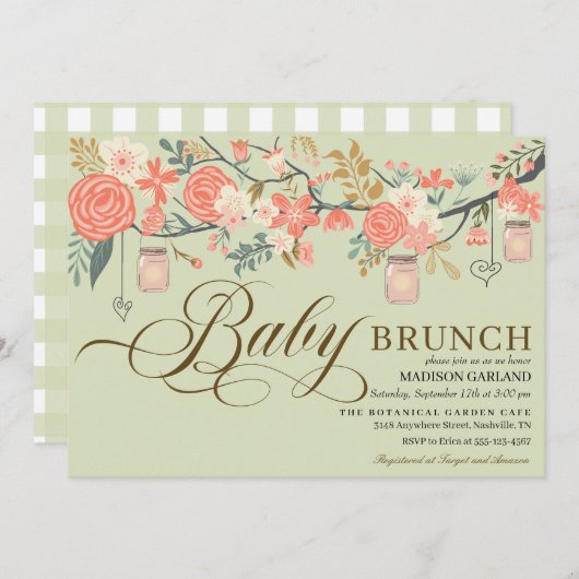 Rustic Floral Mason Jar Baby Brunch Uitnodiging (Voorkant / Achterkant)