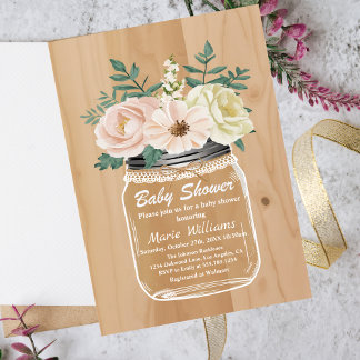 Rustic Floral Mason Jar | Burlap Lace-Baby shower Kaart