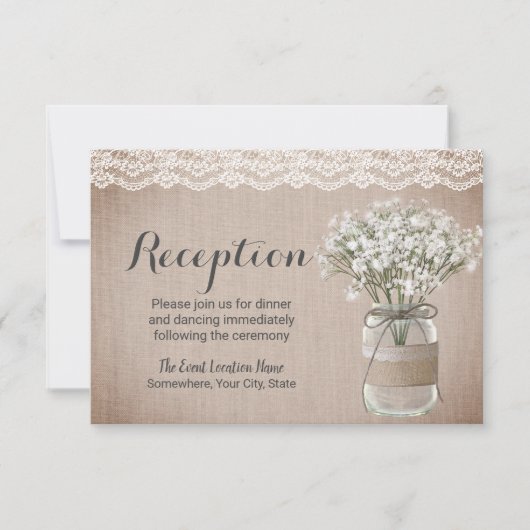 Rustic Floral Mason Jar Burlap Reception Kaart (Voorkant)