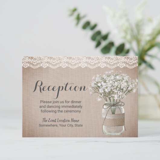 Rustic Floral Mason Jar Burlap Reception Kaart (Staand voorkant)
