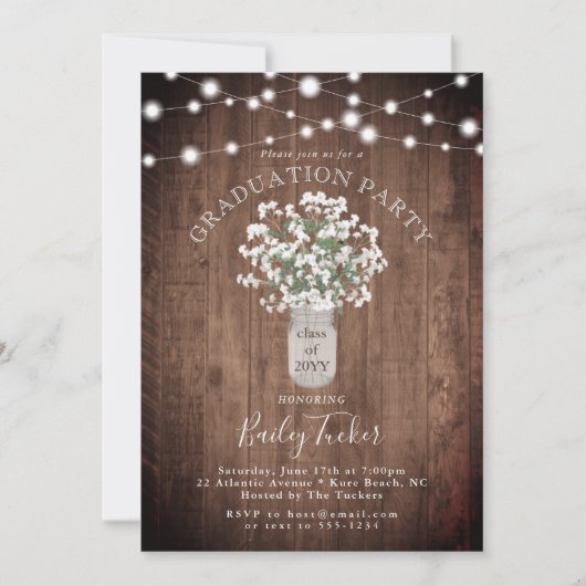 Rustic Floral Mason Jar Lights Graduation Party Kaart (Voorkant)