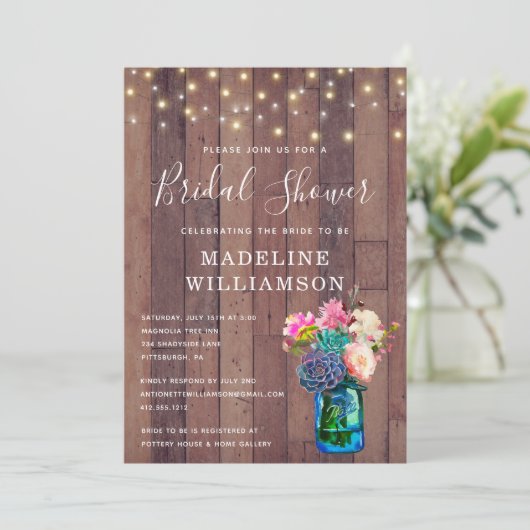 Rustic Floral Mason Jar & Lights Vrijgezellenfeest Kaart (Staand voorkant)