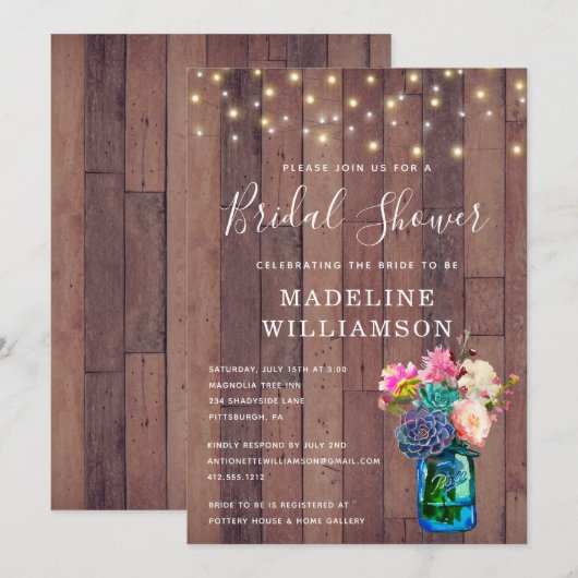 Rustic Floral Mason Jar & Lights Vrijgezellenfeest Kaart (Voorkant / Achterkant)