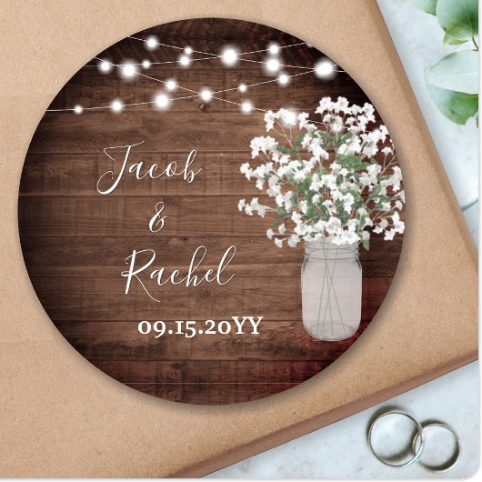 Rustic Floral Mason Jar & Lights Wedding Ronde Sticker