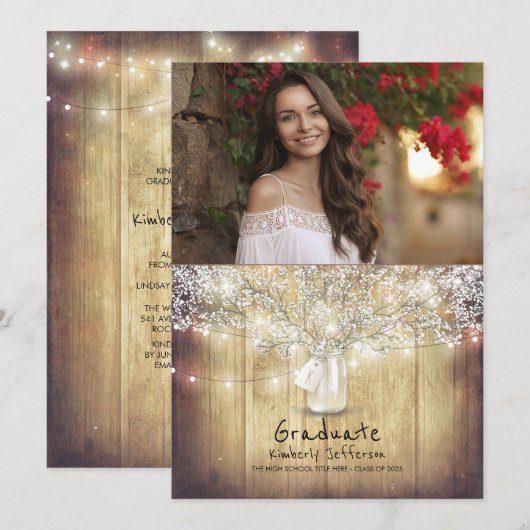 Rustic Floral Mason Jar Photo Graduparty Kaart (Voorkant / Achterkant)