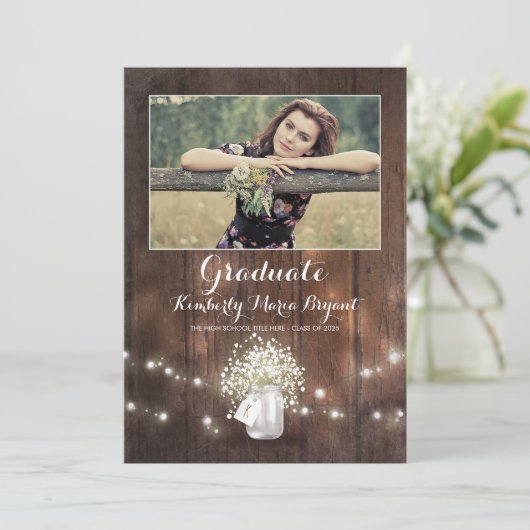 Rustic Floral Mason Jar Photo Graduparty Kaart (Staand voorkant)
