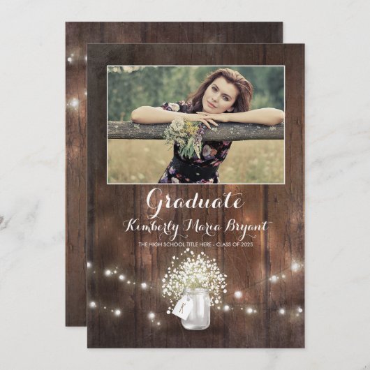Rustic Floral Mason Jar Photo Graduparty Kaart (Voorkant / Achterkant)