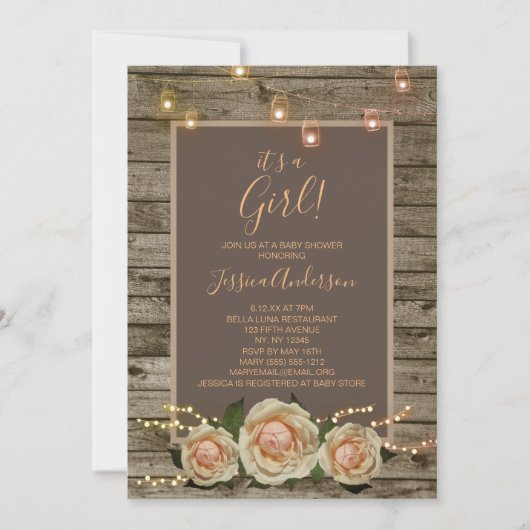 Rustic Floral Mason Jar String Light Baby shower Kaart (Voorkant)