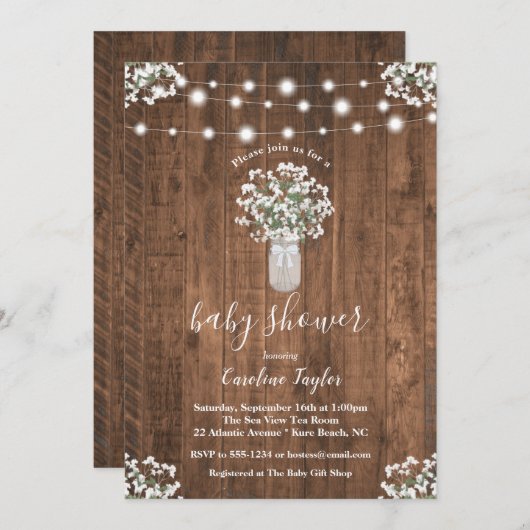 Rustic Floral Mason Jar String Light Baby shower Kaart (Voorkant / Achterkant)